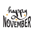 Happy November. Autumn season banner. Poster, card design with inscription, colorful imprints foliage, lettering phrase