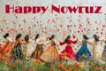 Happy Nowruz Festival of Colorful Flowers. Group of women dancing in the meadow Royalty Free Stock Photo