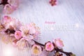 Happy Nowruz festive banner with Apricot Tree branch with pink flowers. Persian New Year Holiday.