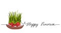 Happy Nowruz simple background, poster, banner with green wheat grass and red ribbon. One continuous line drawing