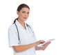 Happy nurse using her tablet Royalty Free Stock Photo