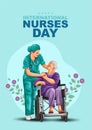 Happy nurses day greeting. nurse with old woman care. old grand mother sitting wheel chair. abstract vector illustration design Royalty Free Stock Photo