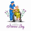 Happy nurses day greeting. nurse with old woman care. old grand mother sitting wheel chair. abstract vector illustration design Royalty Free Stock Photo