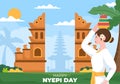 Happy Nyepi Day or Bali`s Silence for Hindu Ceremonies in Bali with Galungan, Kuningan and Ngembak Geni in Background Illustration