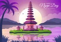 Happy Nyepi Day or Bali`s Silence to Hindu Ceremonies in the Background of the Temple or Pura Illustration Suitable for Poster