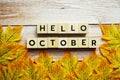 Happy October alphabet letter with maple leaves decoration on wooden background