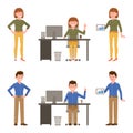 Happy office man and woman vector illustration. Sitting, writing, standing with tablet, side view hands on hips cartoon character