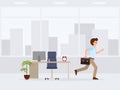 Happy office worker running away from job cartoon character. Vector illustration of end of working day.