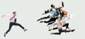 Office worker s or ballet dancers jumping on white background