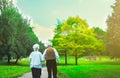 Happy old age senior couple love story. Peole is walking in the green park. Grandmother and grandfather holding hands. Elderly