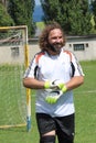 Happy old boys goalie after match Royalty Free Stock Photo