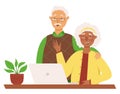 Old couple of black-skinned woman and white-skinned men has video call. Technologies for seniors. Vector illustration