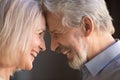 Happy old couple bonding touching foreheads laughing, closeup side view