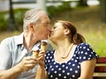 Happy old couple with ice-cream. Royalty Free Stock Photo
