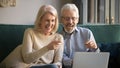 Happy old couple looking at laptop laughing watching comedy movie Royalty Free Stock Photo