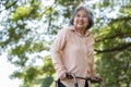 Happy old elderly Asian woman uses a walker for osteoarthritis rehabilitation physiotherapy in park. Concept of happy retirement Royalty Free Stock Photo