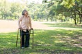 Happy old elderly Asian woman uses a walker for osteoarthritis rehabilitation physiotherapy in park. Concept of happy retirement Royalty Free Stock Photo