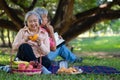 Happy old elderly couple spouses relaxing and sitting on a blanket in the park and sharing few precious memories. Senior couple Royalty Free Stock Photo