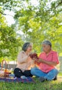 Happy old elderly couple spouses relaxing and sitting on a blanket in the park and sharing few precious memories. Senior couple Royalty Free Stock Photo
