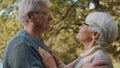 Happy old enjoying day in park. Senior man flirting with elderly woman. Dance in autumn day Royalty Free Stock Photo