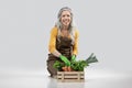 Happy old european woman in apron and rubber gloves with wooden box with organic vegetables Royalty Free Stock Photo