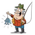 Happy old fisherman catching fish Royalty Free Stock Photo