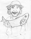 Happy old fisherman with fish - pencil sketch Royalty Free Stock Photo