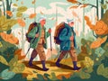 happy old hiking couple walking senior trekking grandfather elderly active. Generative AI.