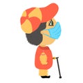 Happy old lame man in medical mask, soft chamois and soft orange, striped cap, visor, jacket with a collar and sleeves.