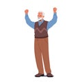 Happy Old Male Character Waving Hands. Elderly Gentleman Overflows With Joy, Radiating A Contagious Happiness