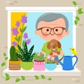 Happy old man in his home enjoying his houseplants. Vector illustration