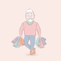 Happy old man with packages in hand.Caucasian white hipster carrying shopping bags. Vector cartoon illustration