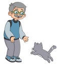 a happy old man is playing with a cat her pet Royalty Free Stock Photo