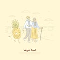 Happy old man and woman on walk, seniors couple holding hands with smiling pineapple, vegetarian food banner Royalty Free Stock Photo