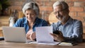 Happy old mature married couple calculating domestic utility bills. Royalty Free Stock Photo