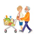 Happy old people shopping. Retired couple with shopping trolley with foods in the supermarket. Elderly man and woman at
