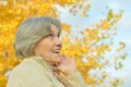 Happy old woman in autumn Royalty Free Stock Photo