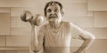 Happy old woman making exercises, geometric pattern Royalty Free Stock Photo