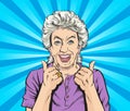 Happy old woman And satisfied, thumbs up. Pop art vector illustration drawing. Comic book work style.