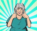 Happy old woman And satisfied, thumbs up. Pop art vector illustration drawing. Comic book work style.