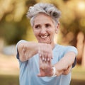 Happy old woman stretching in nature in fitness training, body exercise or workout for wellness balance. Smile, relaxing Royalty Free Stock Photo