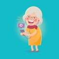 Happy Old Woman Watch Movie From Smart phone