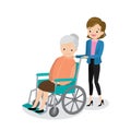 Happy old woman in a wheelchair and cute gir