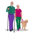 Happy older man and woman walking with pet dog