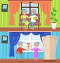 Happy Older People at Home Set of Illustrations