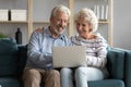 Happy older spouses sitting on sofa, looking at computer screen. Royalty Free Stock Photo