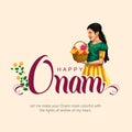 happy Onam celebration with abstract vector illustration design of Kerala girl with basket flower