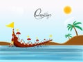 Happy Onam Celebration Background With Aranmula Boat Race On River, Coconut Trees And Sun