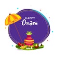 Happy Onam Celebration Concept With Umbrella, Worship Pot, Fruit, Flower, Lit Oil Lamp Diya Over Banana Leaf On Purple And White