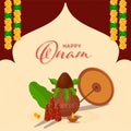 Happy Onam Celebration Greeting Card With Worship Pot Kalash, Olakkuda Umbrella, Thrikkakara Appan Idol, Banana Leaf